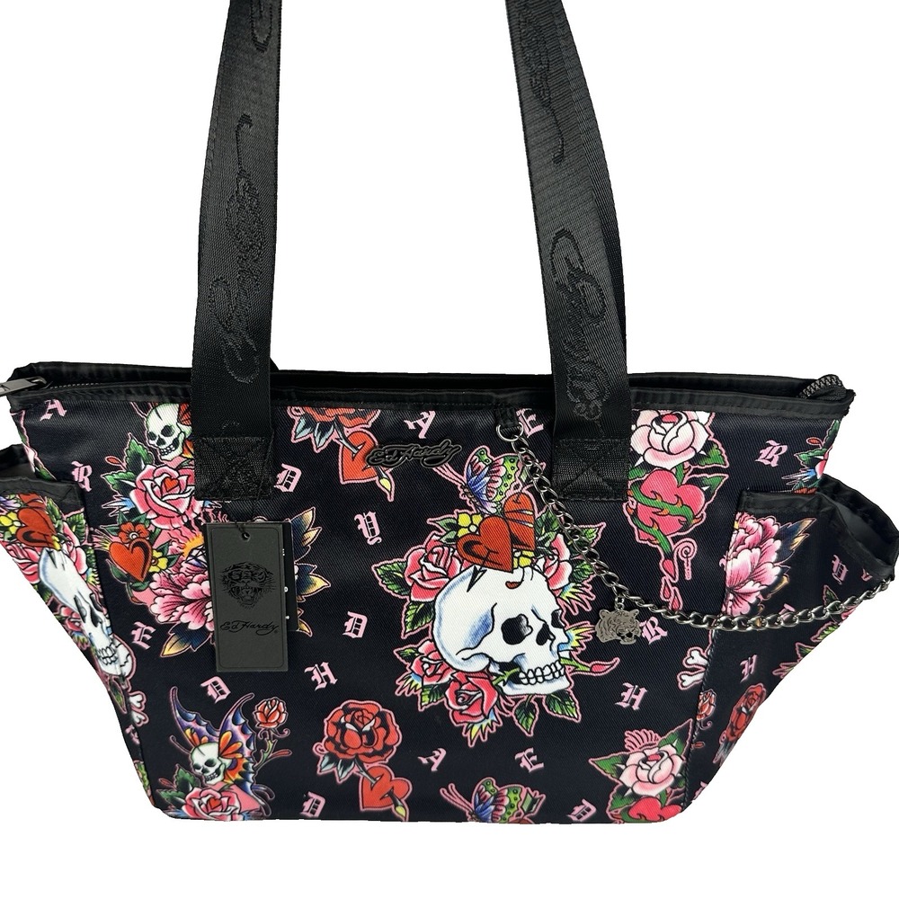 Ed Hardy Lunch Tote Cooler Bag Skull Rose Black Pink Thermal Insulated NWT